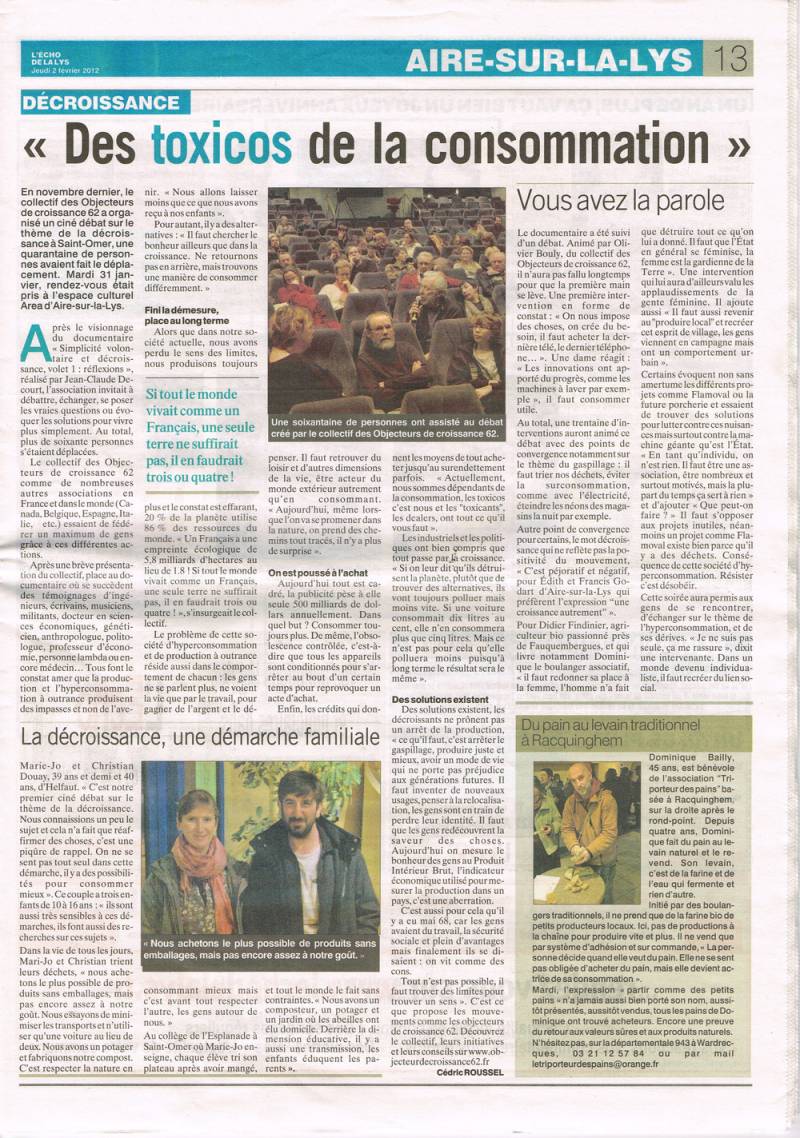 2 février 2012 :le compte-rendu dans l'Écho de la Lys